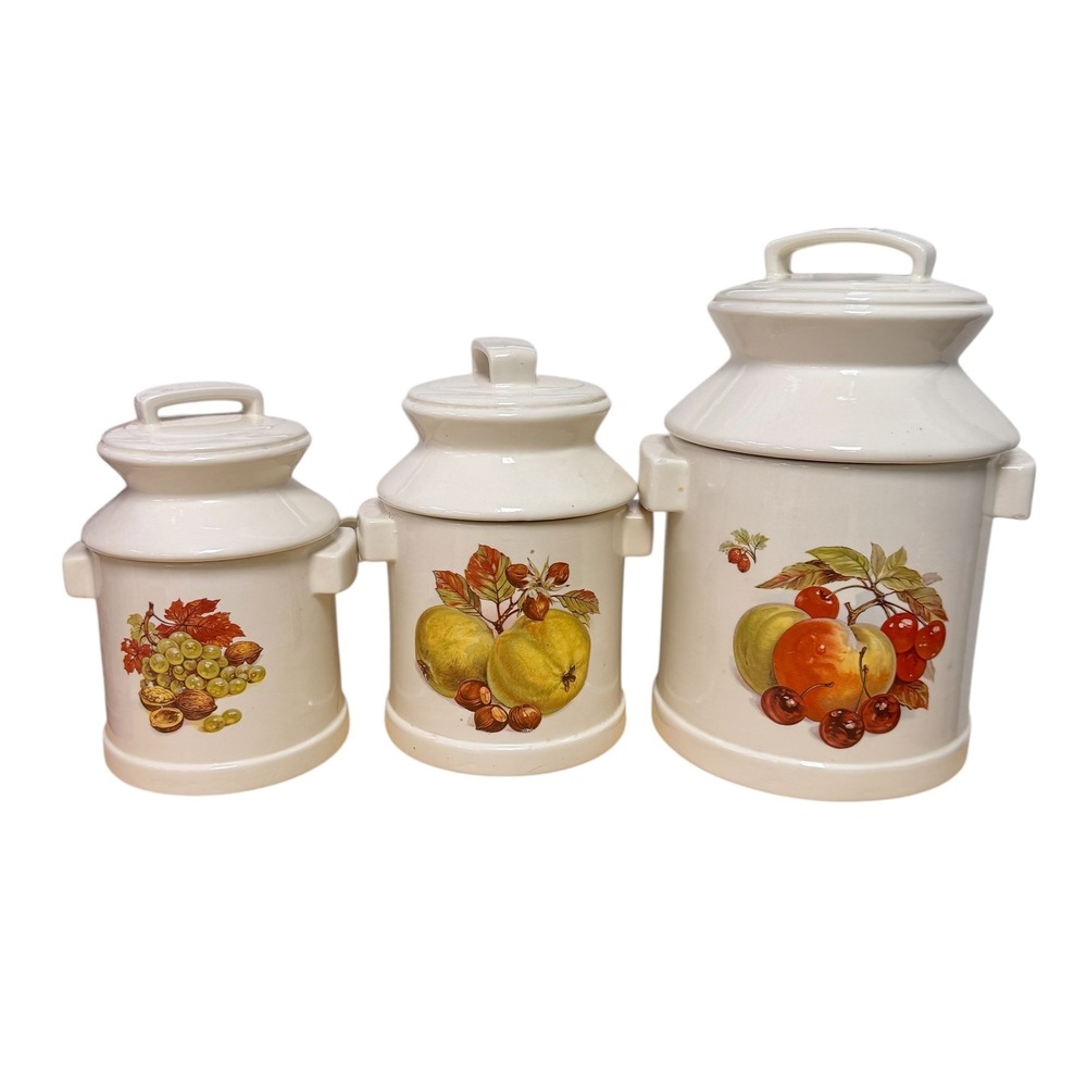 Vintage 1979 Ceramic Fruit Milk Can Canister Set of 3 Cream White Grapes Pears